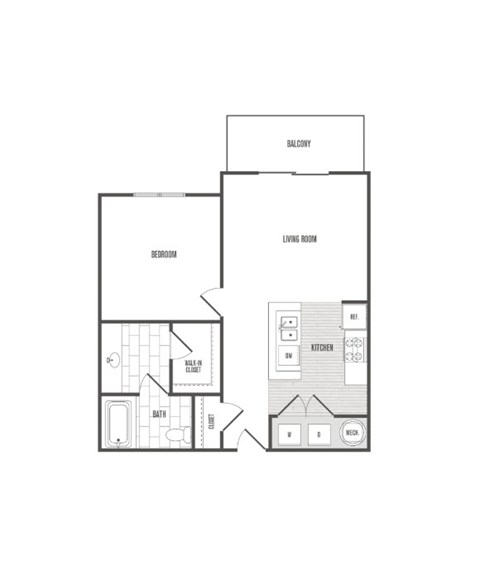 A floor plan of a house with a bedroom, living room, kitchen, and bathroom.